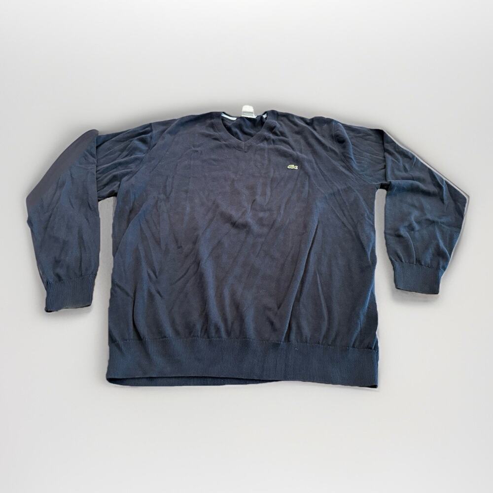Lacoste Mens Navy V-Neck Knit Pullover Cotton Long Sleeve Sweater Size 7